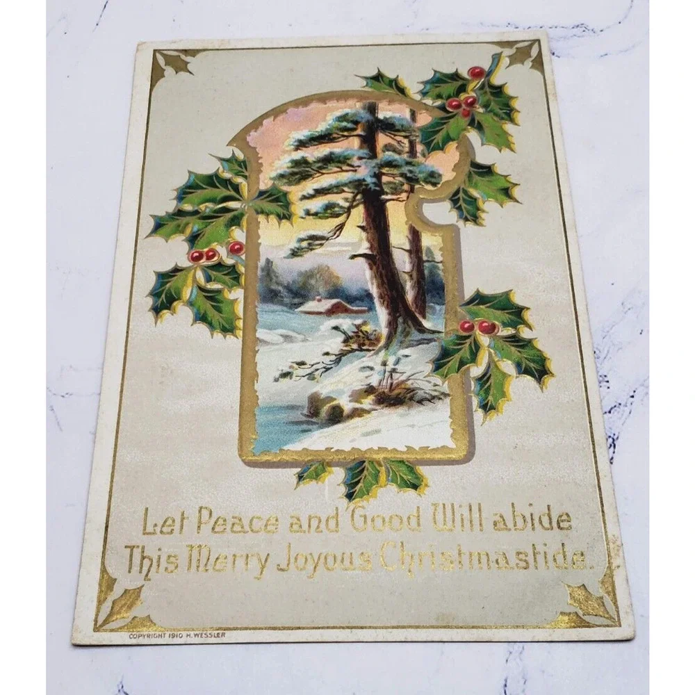 H. Wessler Christmas Winter Scene With Hollys Embossed Postcard